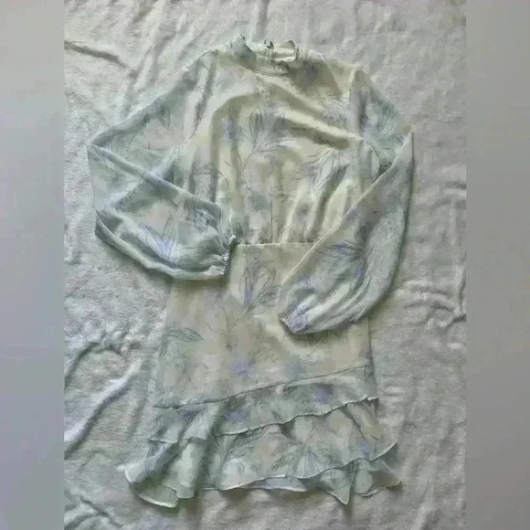 Express Blue Floral Chiffon Dress, High Neck, Size Small - Picture 1 of 5